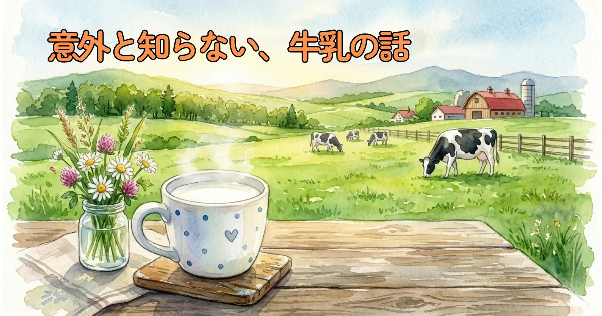 コップに注がれた牛乳と北海道の牧草地を描いた水彩イラスト
