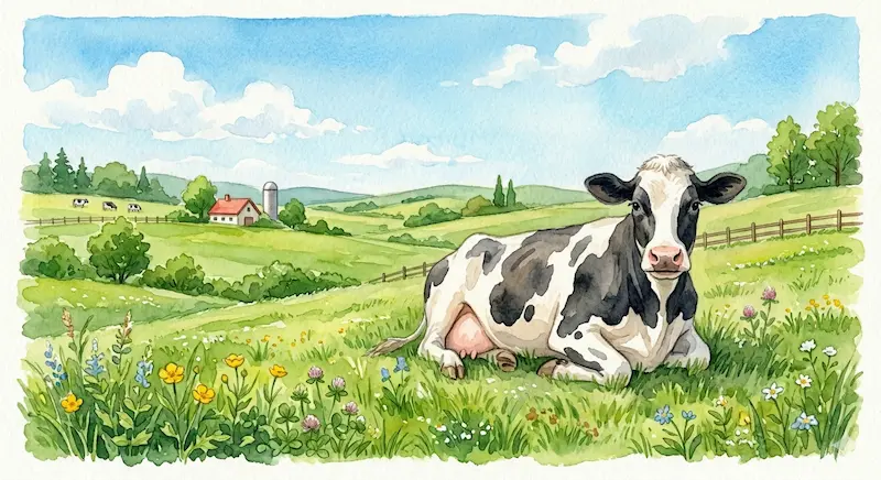 牧草地でのんびり横になるホルスタイン牛のイラスト