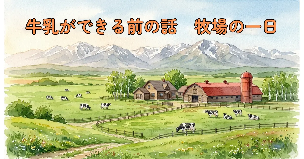 北海道の酪農牧場を遠くから眺めた水彩イラスト。緑の牧草地に赤い屋根の牛舎とサイロ、雪を残した山並みを背景にホルスタイン牛がのんびり草を食べている