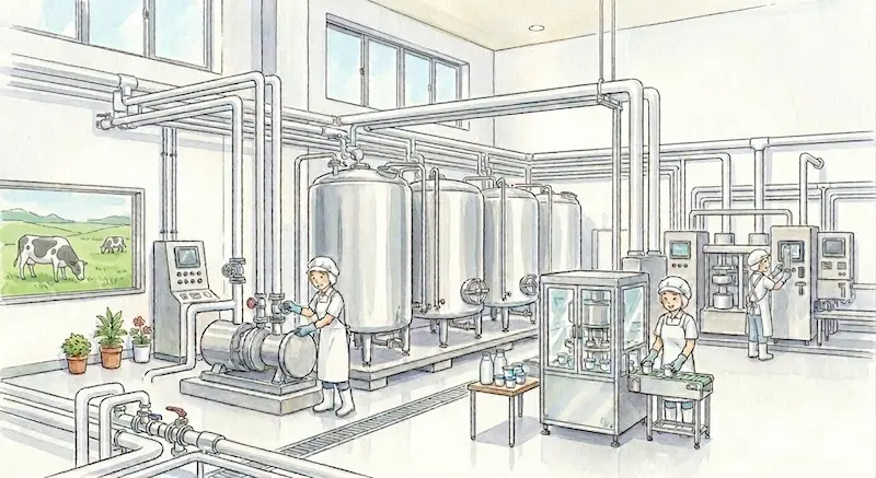 白衣姿のスタッフが大きなタンクの並ぶ牛乳工場で作業している水彩イラスト