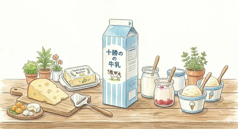 木製テーブルの上に牛乳パック・チーズ・バター・ヨーグルト・アイスが並ぶ水彩イラスト