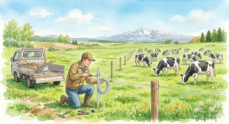 春の放牧地で電牧線を張る作業員と、背後で草を食べるホルスタイン牛たちのイラスト