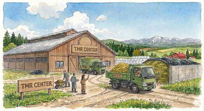 TMRセンターの建物から飼料を積んだトラックが出発する作業風景のイラスト