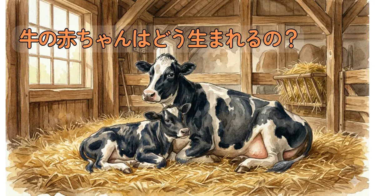 生まれたばかりの子牛と母牛が寄り添う牛舎のイラスト