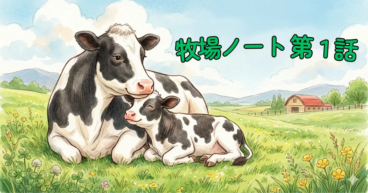 母牛と子牛が寄り添う牧場のイラスト