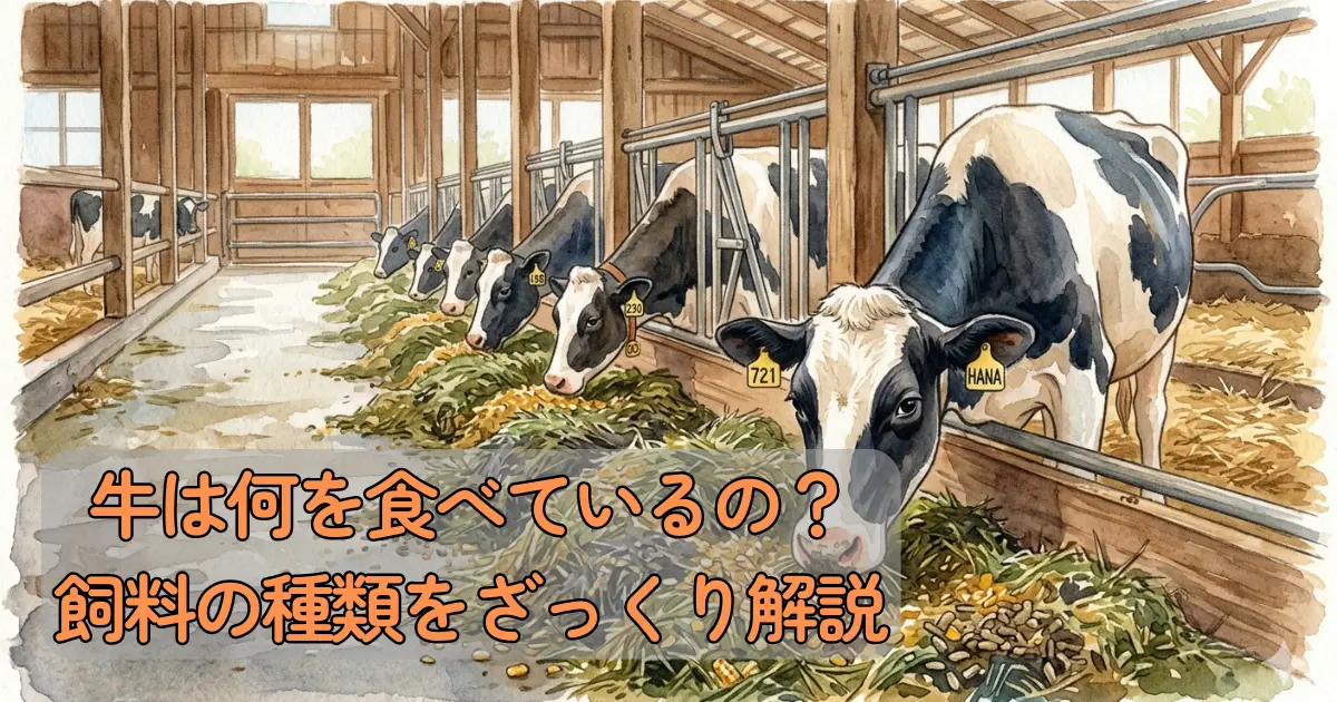 牛舎でTMR（混合飼料）を食べるホルスタイン牛のイラスト
