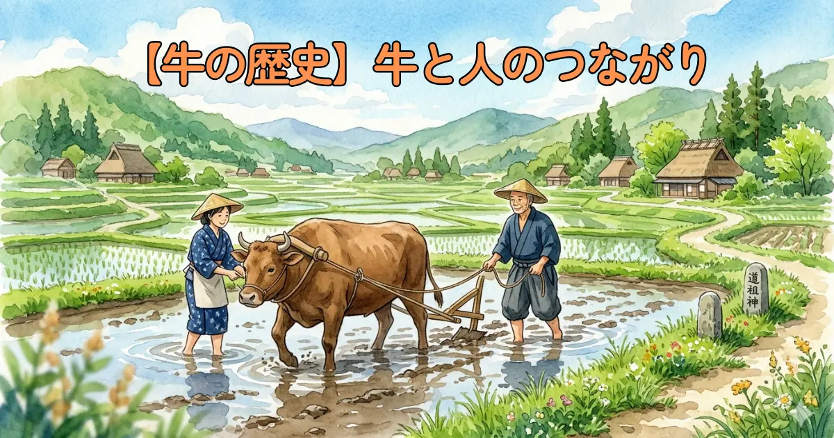 農民と牛が一緒に田んぼを耕している日本の農村風景のイラスト
