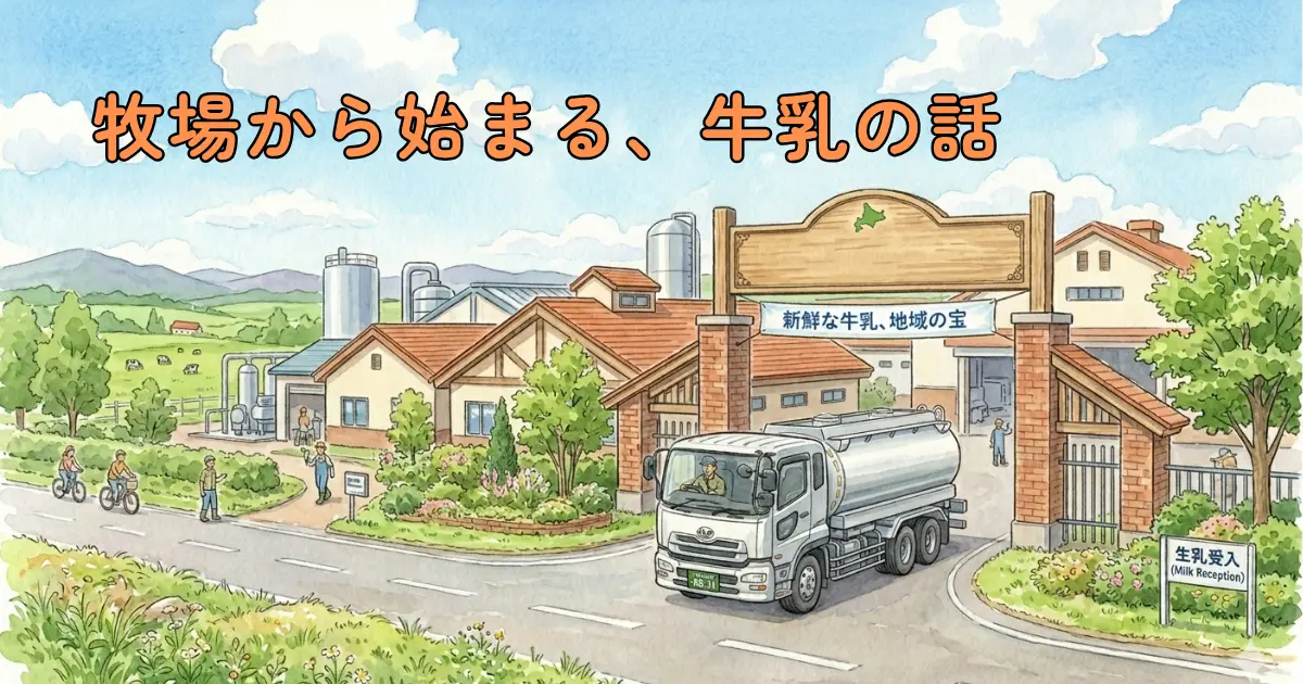 銀色のタンクローリーが工場の入口へ入っていく水彩イラスト