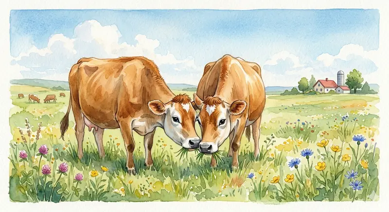 2頭の牛が仲良く草を食べているイラスト