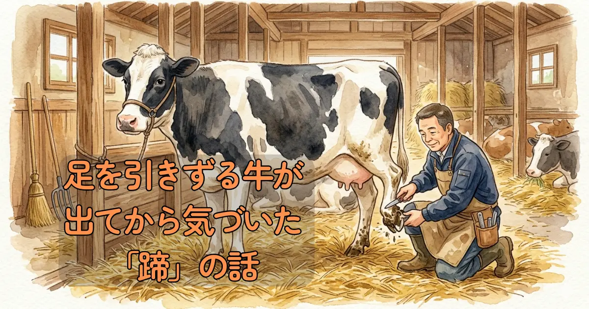 牛舎で削蹄を受けるホルスタイン牛の水彩イラスト